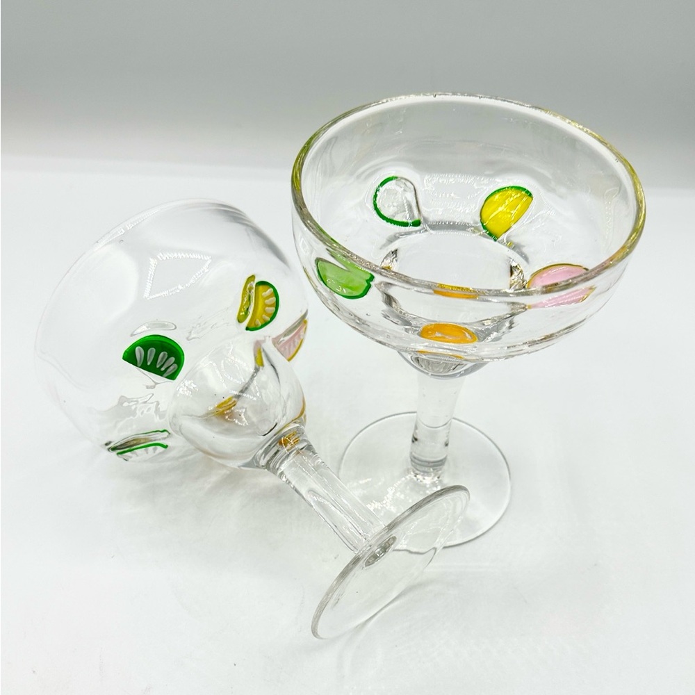 2 Margarita Glasses with Embedded Fruit Slices.
